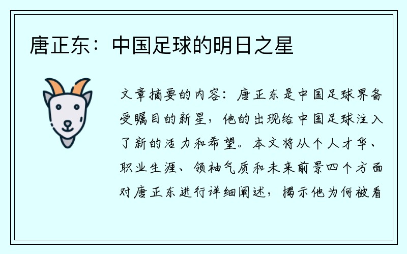 唐正东：中国足球的明日之星