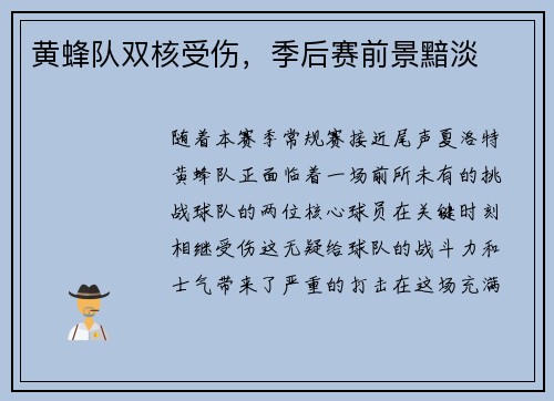 黄蜂队双核受伤，季后赛前景黯淡